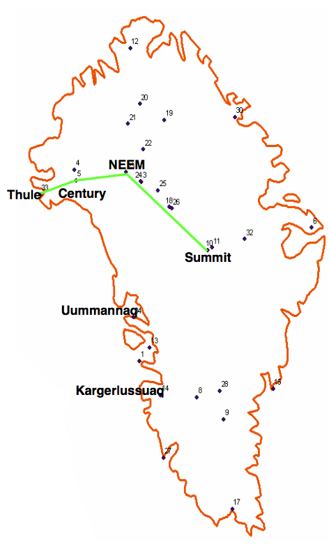 Map showing the route of the Greenland Inland Traverse