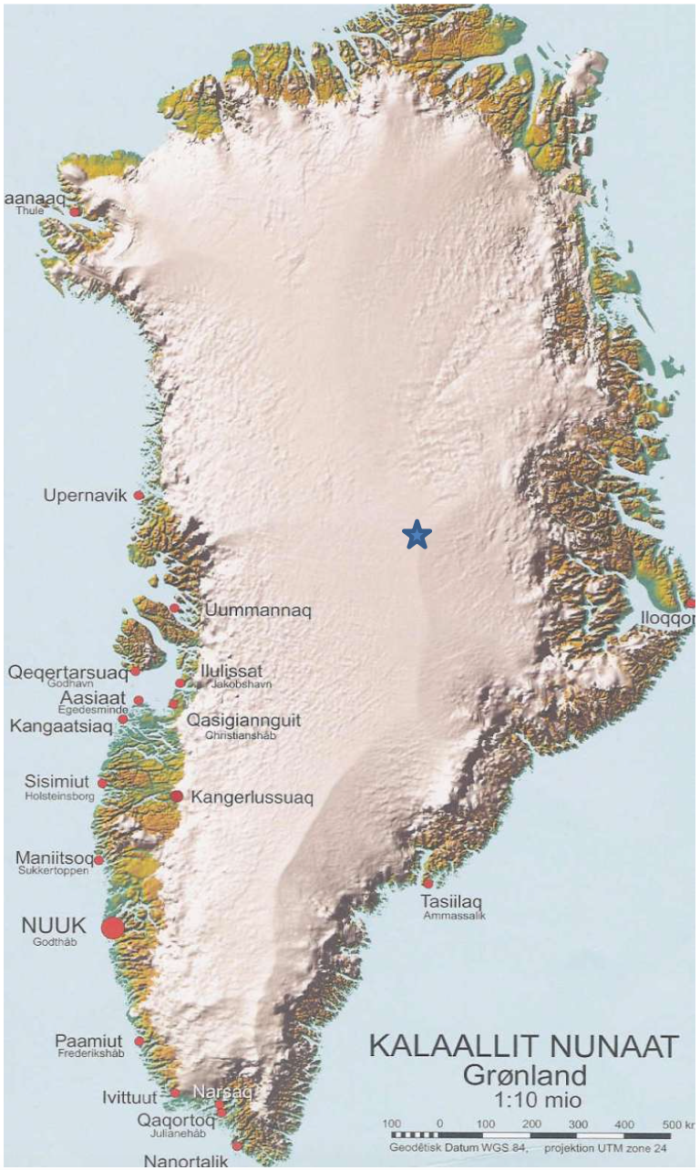 Map of Greenland showing location of Summit Station