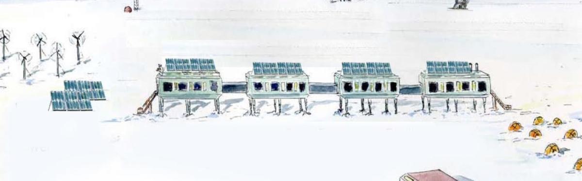 Artist’s conception of a future Summit Station, including renewable energy (wind and solar), elevated, modular buildings, and moveable ground structures that scale to the population.